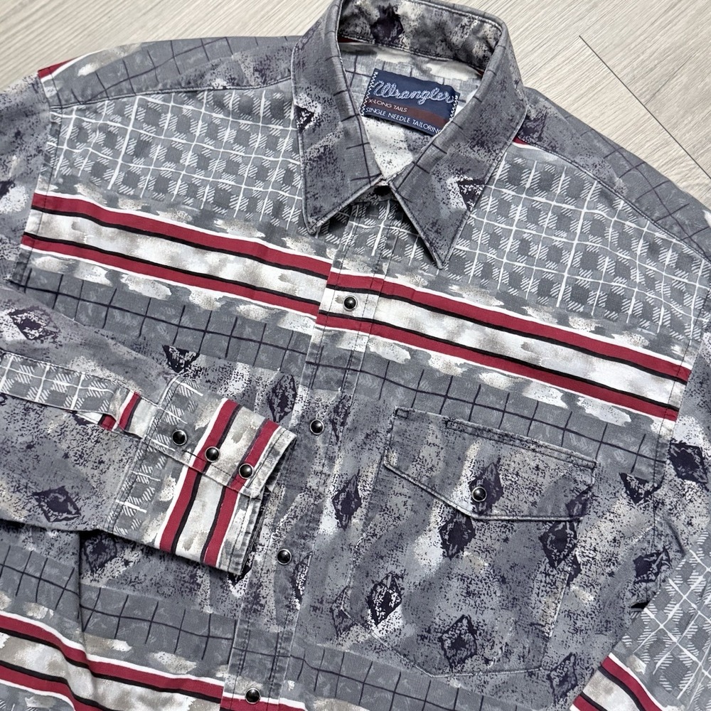 Vintage Wrangler Men L Aztec Brushpopper 80s 90s Pearl Snap Striped X-Long Tails